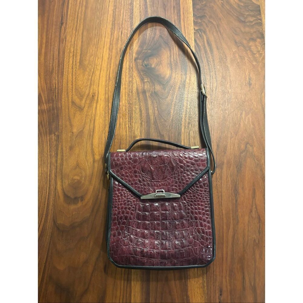 Burgundy Black Lining Gold Accents Croc-Embossed Genuine Leather Crossbody Bag
